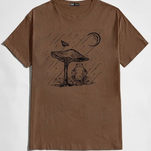 undefined Other - Casual Coffee Brown Men's Tee w/Mushroom & Frog Graphic